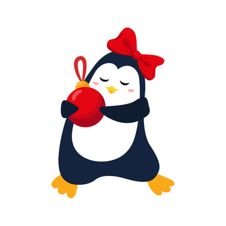 Cute christmas penguin with xmas ball for Christmas and New Year design.のイラスト素材