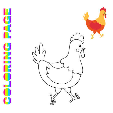 Coloring page with cartoon hen. Farm animalのイラスト素材