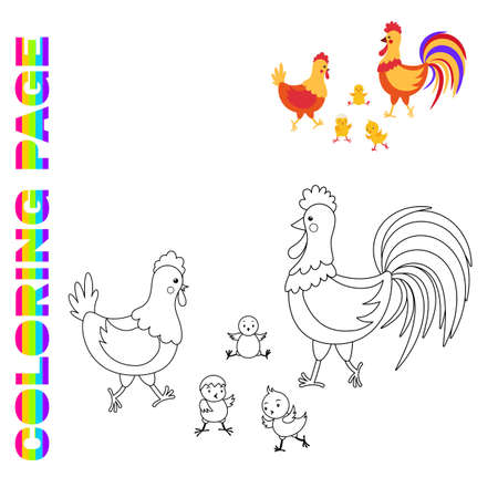 Coloring page with cartoon hen, rooster and chiken. Farm animalのイラスト素材