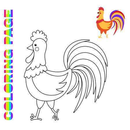 Coloring page with cartoon rooster. Farm animalのイラスト素材