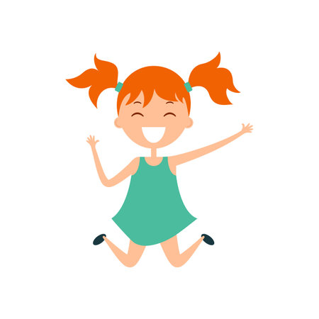 Cartoon red-haired girl in turquoise dress jumping. Illustration of a happy child. Joyful jumpingのイラスト素材