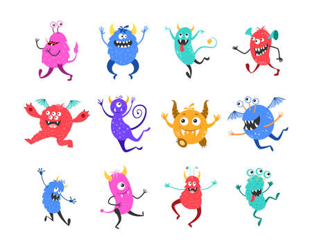 Collection cartoon smiling monsters isolated on white. Fantasy jumping creatures set. Design...