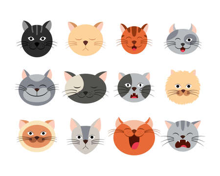 Collection different cartoon cat faces. Funny kitten emotion set.のイラスト素材