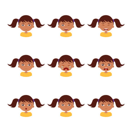 Different girl emotion set. Collection character expression. Children emoticon, avatar clipartのイラスト素材