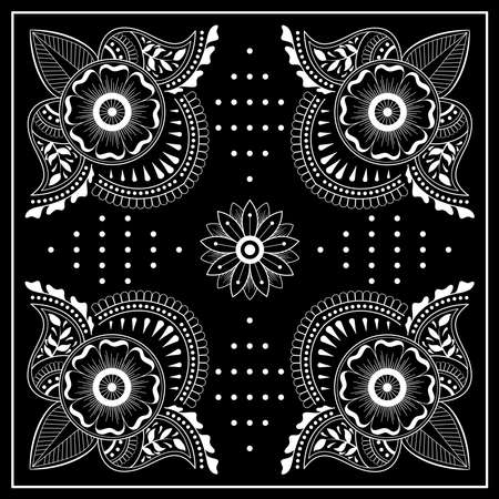 Black and white abstract bandana print with element henna style. Square pattern design for pillow, carpet, rug. Design for silk neck scarf, kerchief, hankyのイラスト素材