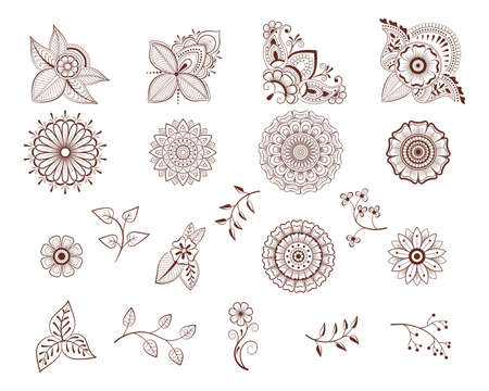Decorative hand drawn element henna style collection. Floral set for your design, tattoo.のイラスト素材