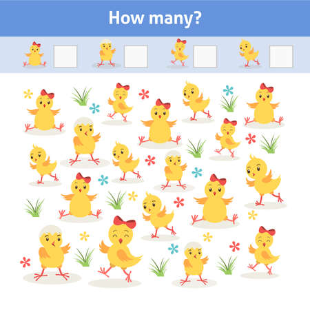 How many. Printable worksheet. Educational game for toddlers with cute chickens. It can be used for kindergarten and preschool. Children activity page.のイラスト素材