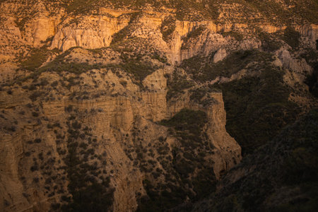 closed shot of badlands with reflected sunlight and small bushesの写真素材