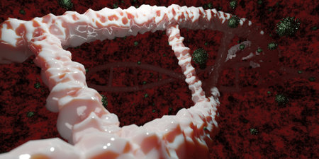 3d dna representation with red background and coronavirus everywhereの写真素材
