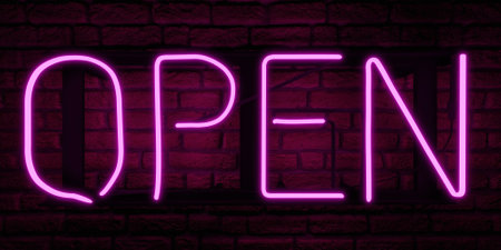 neon pink sign with the word Open on brick wall. 3d renderingの写真素材