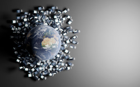 planet earth over many canisters of virus vaccine with a gray background and space for text. 3d renderの写真素材