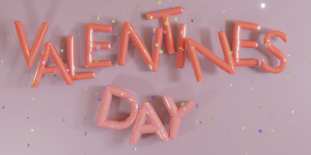red valentine sign with balloons and confetti falling on a pink background. 3d renderの写真素材