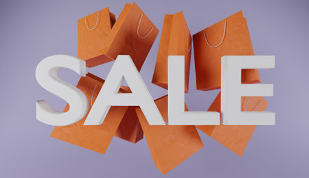 sign with the word SALE in white and orange paper bags behind it on a purple background.