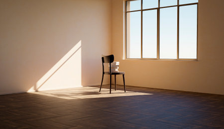 chair with books on it in front of a window inside an empty sunlit room with harsh shadows. 3d...