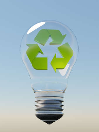 glass bulb suspended in the air with a blue sky in the background and a green recycling symbol...