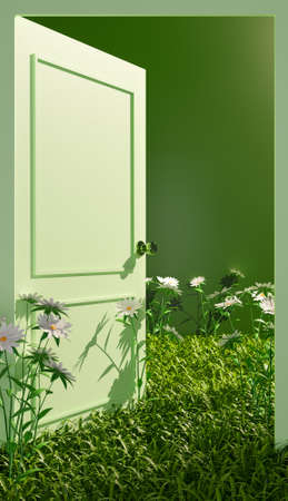 closed plan of an open green door with vegetation and flowers on the floor. 3d illustrationの写真素材