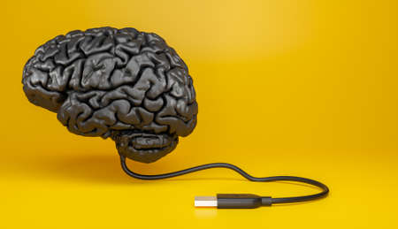 representation of a human brain made of dark material with usb cable connected on yellow background....