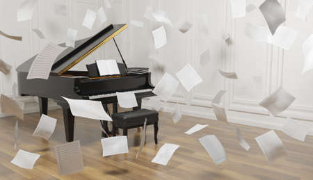 grand piano in room with wooden floor and lots of sheet music falling in the air. 3d renderの写真素材