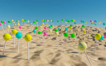sandy beach with lots of colorful lollipops. 3d illustrationの写真素材