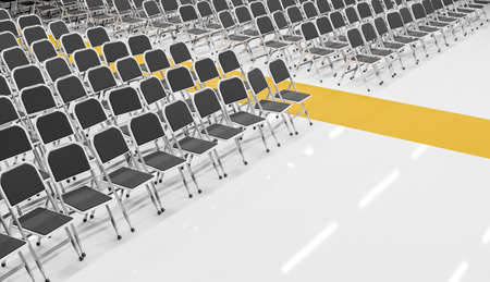 room full of folding chairs with a yellow carpet in the center. 3d renderの写真素材