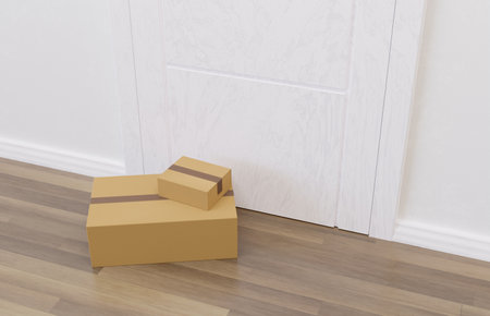 Online shopping packages on the floor in front of a door being delivered. 3d renderの写真素材