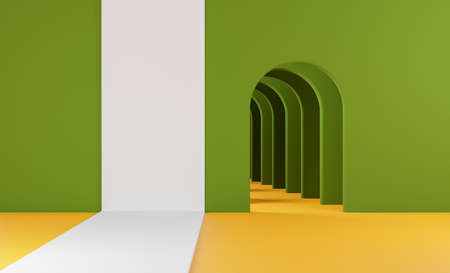 mockup of product with infinite tunnel of green, orange and white arches. 3d renderの写真素材