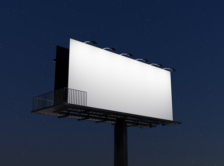 mockup of a street billboard illuminated with spotlights at night with starry sky. 3d renderの写真素材