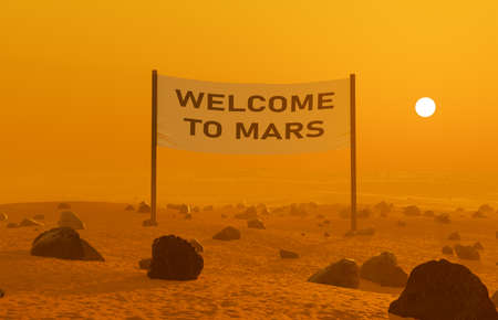 Martian landscape with a sign that says WELCOME TO MARS and the sun illuminates from behind. 3d renderingの素材 [FY310167926336]