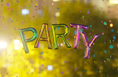 Balloon sign with the word "PARTY" with shiny confetti falling on a luminous background. 3d renderの写真素材