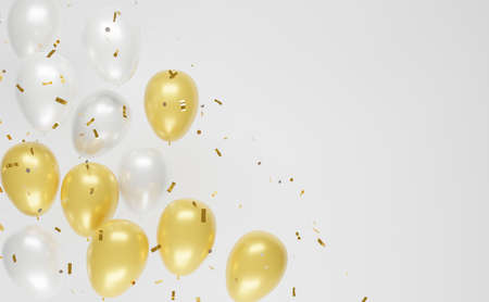 background with gold and silver balloons and confetti falling with copyspace. 3d renderingの写真素材