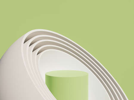 green cylindrical product stand with spherical shapes on it and green background. 3d renderingの写真素材
