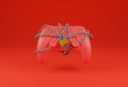 red game pad with a tangled chain and a padlock closing it on a red background. gamer concept. 3d...