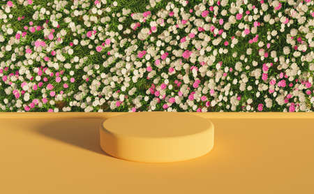 product stand with white and purple flower wall and warm surface. 3d renderingの写真素材