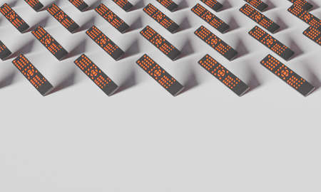 pattern of black tv remote controls with orange buttons on white background. 3d renderingの写真素材