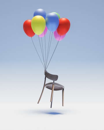 chair suspended in the air with colorful balloons raising it. 3d renderingの写真素材