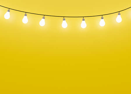 yellow background with many light bulbs hanging on top. copyspace. 3d renderingの写真素材
