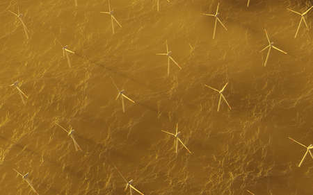 top view of wind energy farm over the sea with fog at sunset. 3d renderingの写真素材