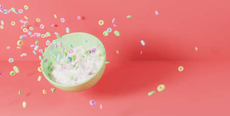 green ceramic bowl with milk inside and pastel colored cereals falling and splashing on red background. 3d renderingの写真素材