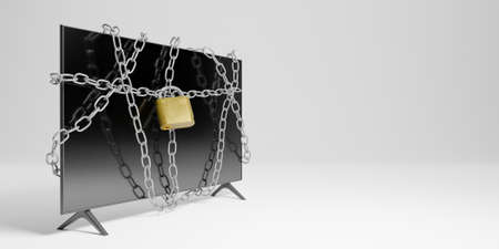 Modern flat television with chains tangled in it and a padlock in front on white background. Parental control concept. 3d renderingの写真素材