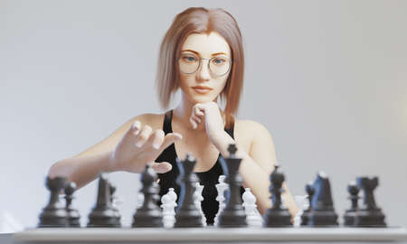 white and red-haired girl with round glasses playing chess. view from opponent with blurred pieces. 3d renderingの写真素材