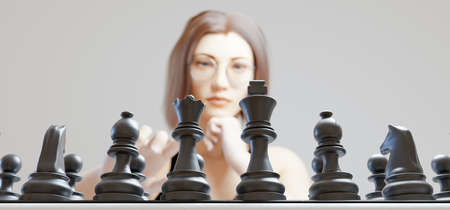 caucasian girl playing chess on blurred background with black pieces in focus. 3d rendering