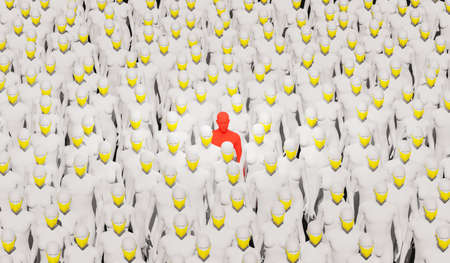 many white mannequins with yellow masks and one in red with no mask on. 3d renderの写真素材