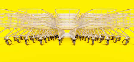 closeup of row of stacked shopping carts on yellow background. 3d renderの写真素材