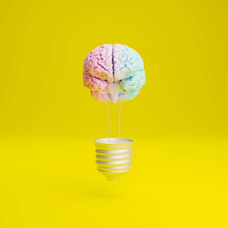 light bulb with brain inside without glass on yellow background. 3d render