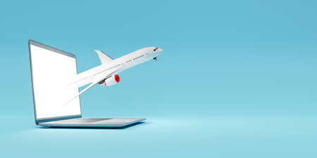 airplane coming out of a laptop with blue background. online travel concept. 3d renderの写真素材