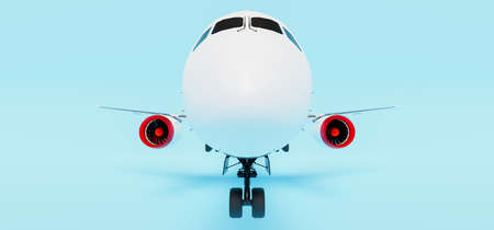 close-up of the nose of a passenger plane on a blue background. 3d render