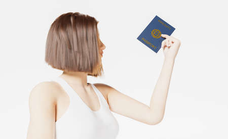 girl in profile holding and happily looking at her immunity passport on white background. 3d renderingの写真素材