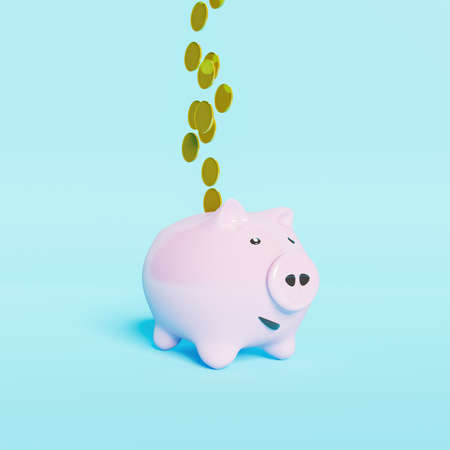 pink piggy bank with happy face with golden coins falling into it.3d renderingの写真素材