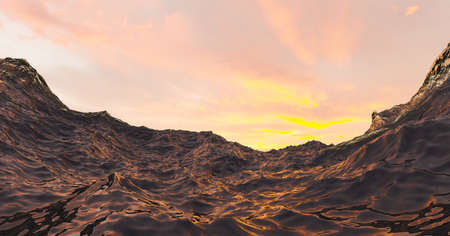 3d illustration of a close-up of sea water with warm sunset in the backgroundの写真素材