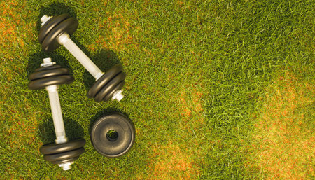 top view of a metal gym dumbbells on grass. outdoor exercise. 3d renderの写真素材